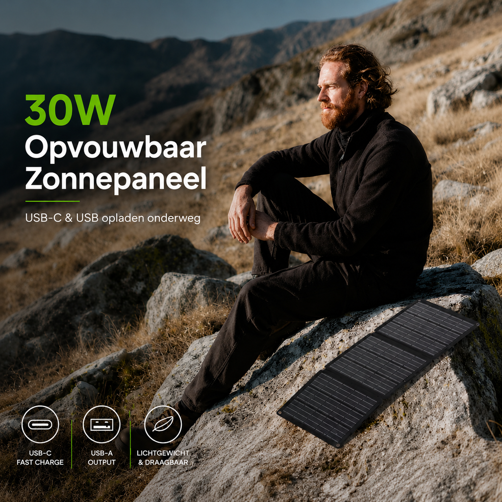 30W Opvouwbaar Zonnepaneel | USB-C & USB | BalkonStroom