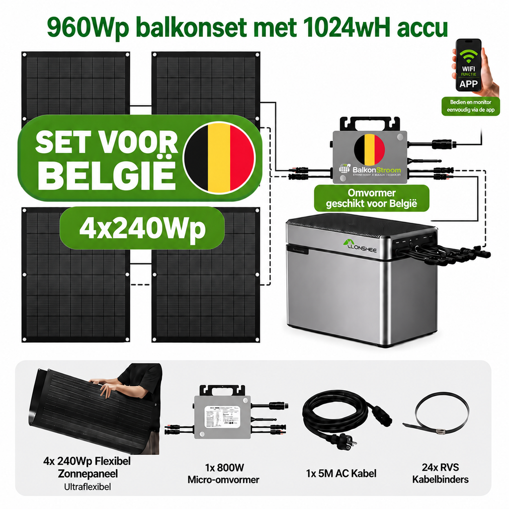 960 Wp Balkon Zonnepanelen Set (BE) 800 W | 1024 Wh Accu