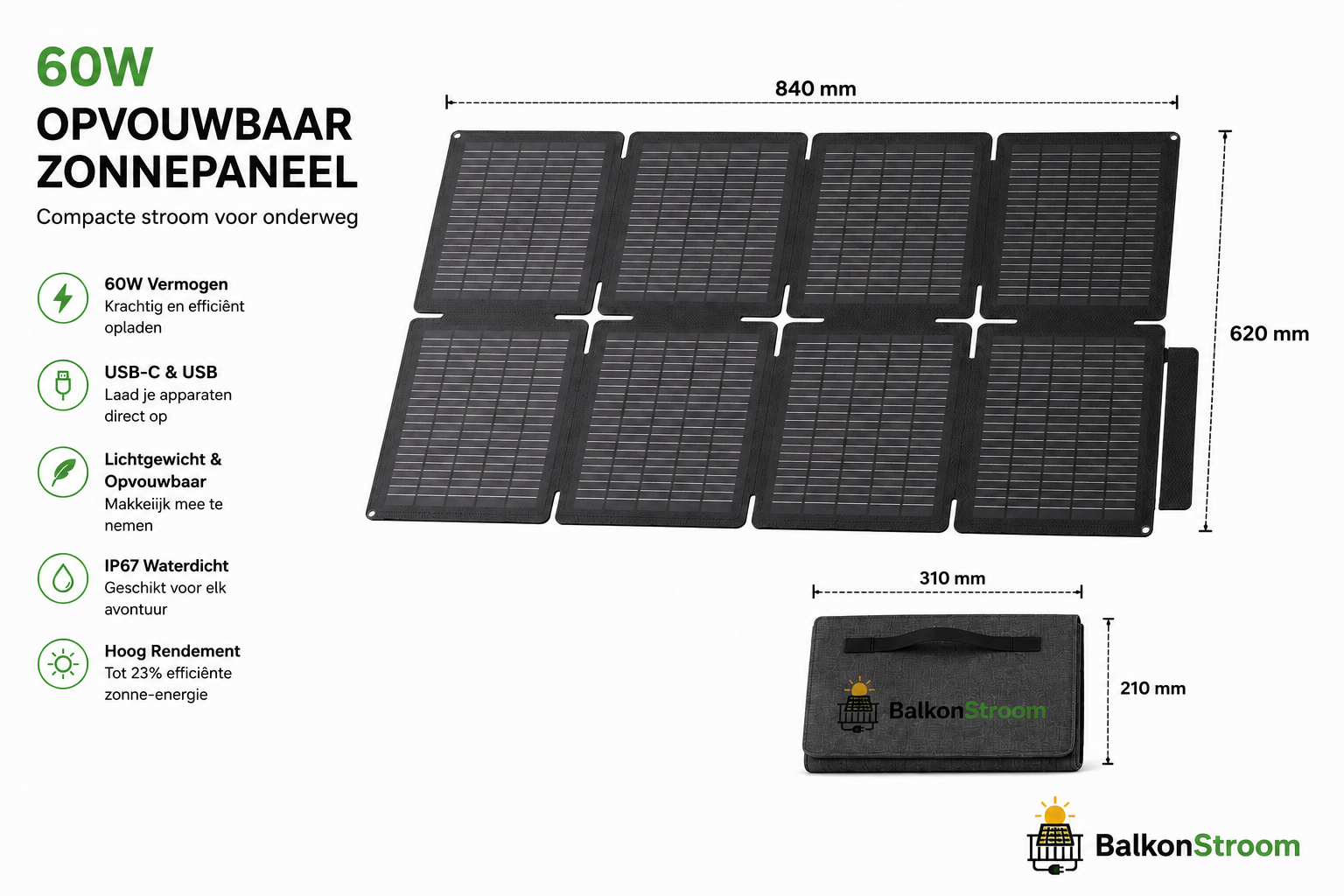 60W Opvouwbaar Zonnepaneel | USB-C & USB | BalkonStroom