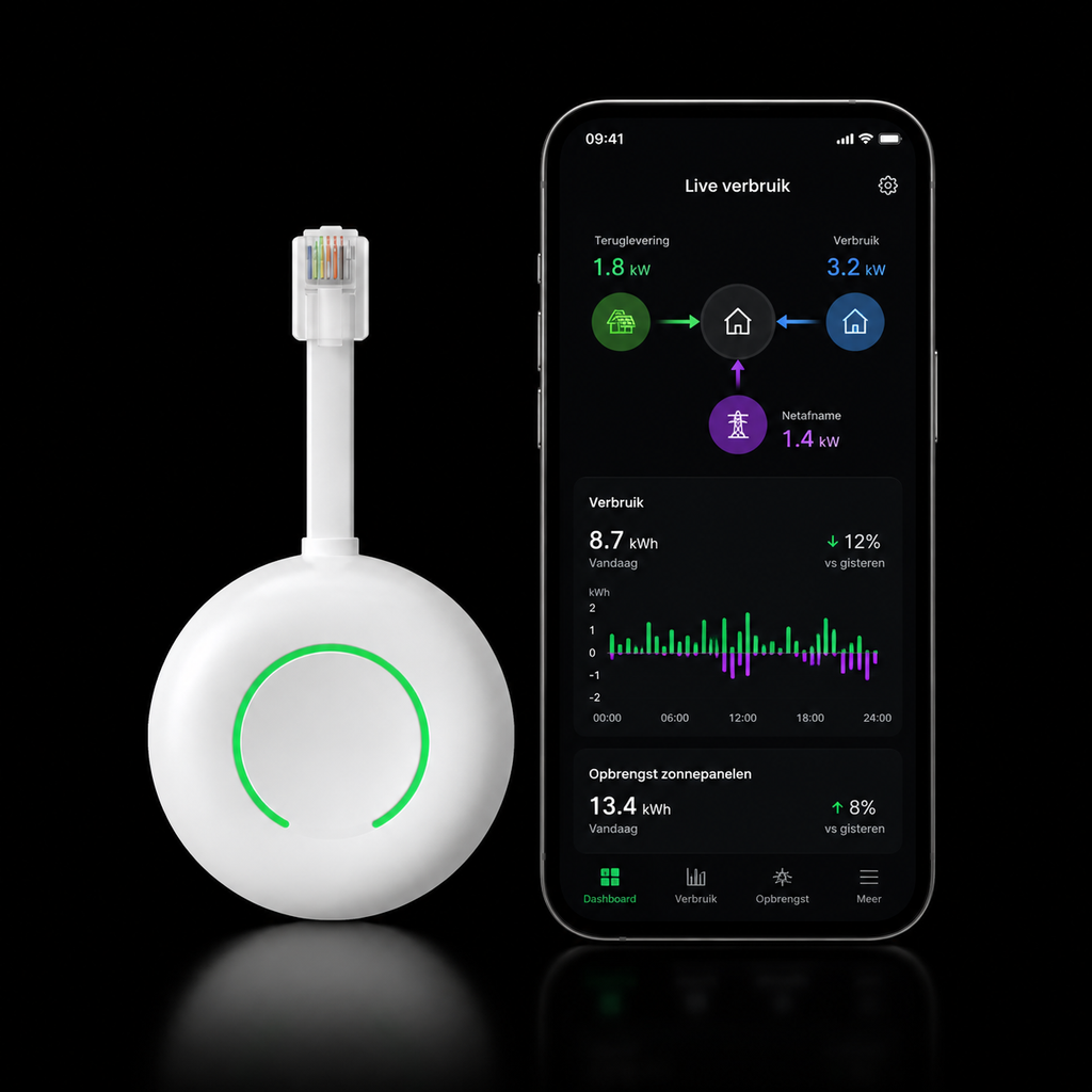 HomeWizard P1 dongle aangesloten op P1-poort van slimme meter voor Wi-Fi energiebeheer