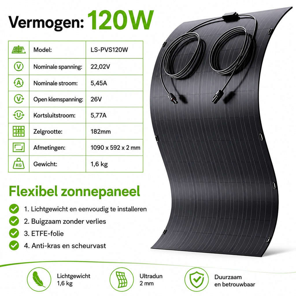120wp zonnepaneel lichtgewicht  maar 1,9 kilo flexibel en ultra dun. gebruik op balkon,camper tent boot en tinyhouse