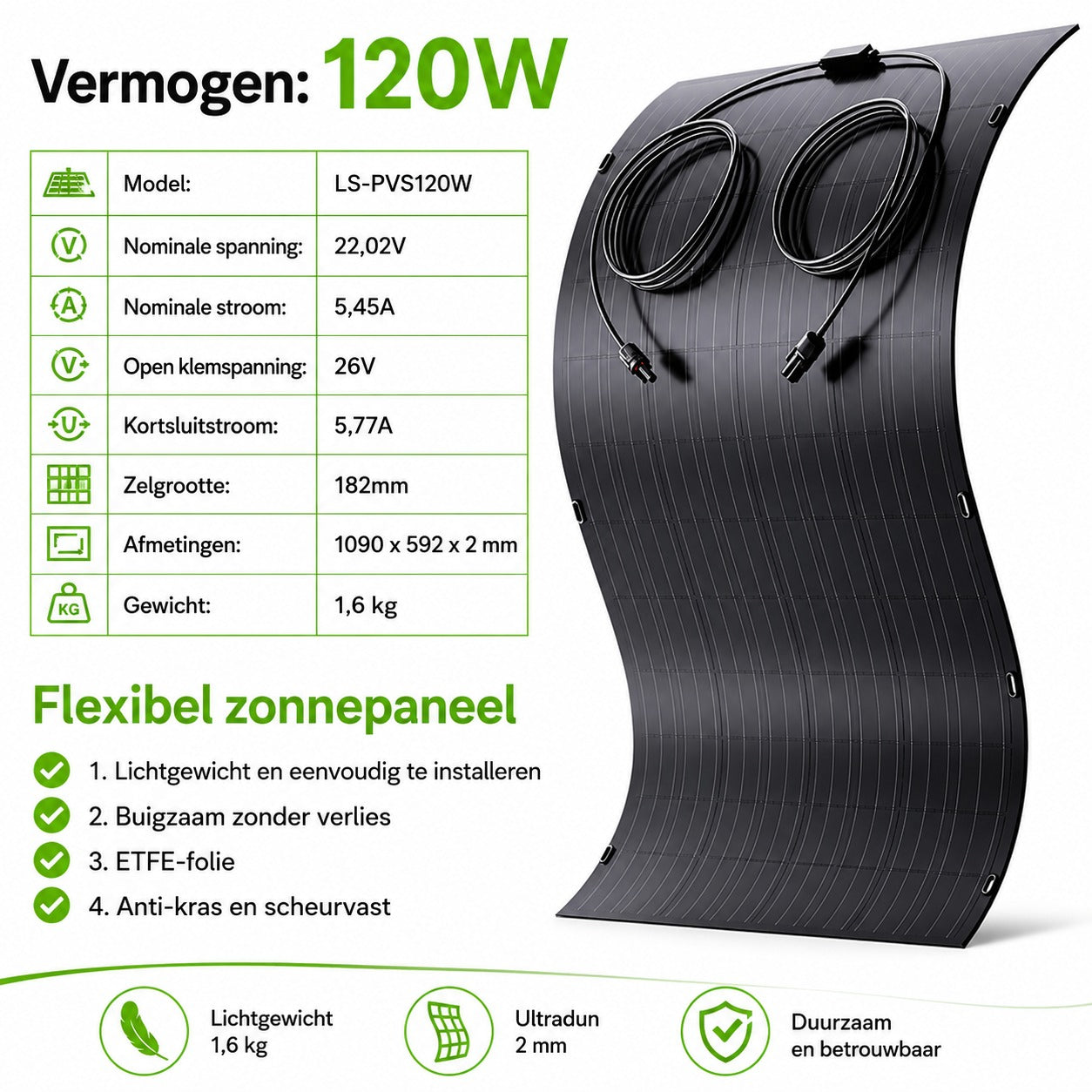 120wp zonnepaneel lichtgewicht  maar 1,9 kilo flexibel en ultra dun. gebruik op balkon,camper tent boot en tinyhouse