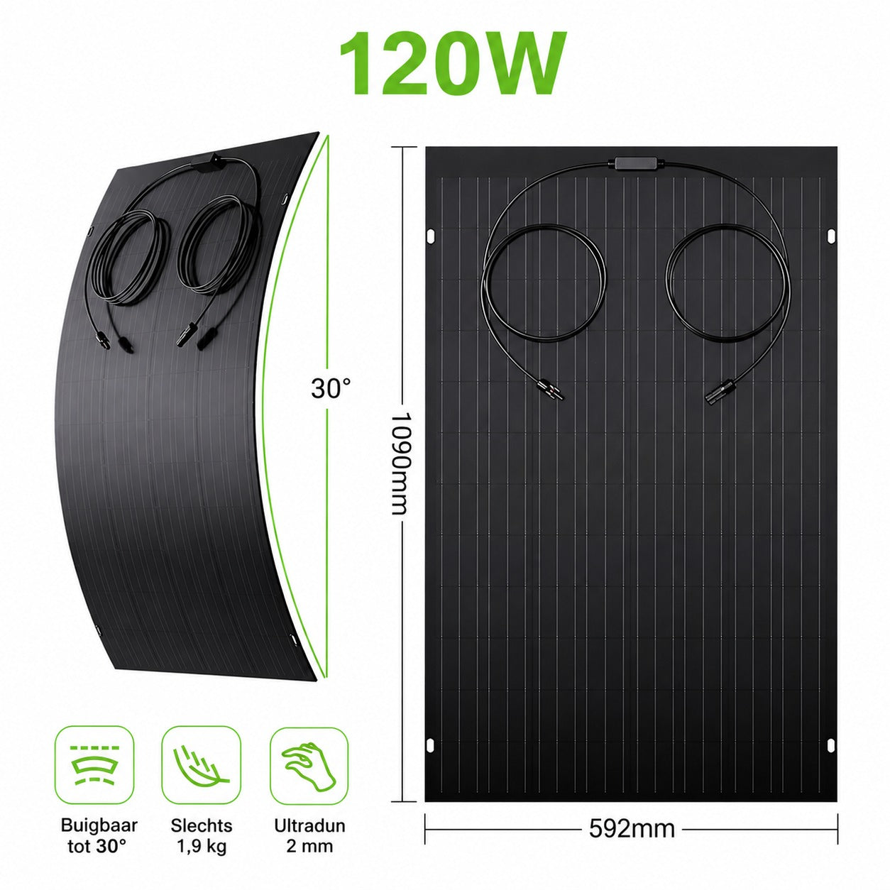 120Wp flexibel lichtgewicht zonnepaneel buigbaar tot 30 graden 1,9 kilogram en 2 mm dik 