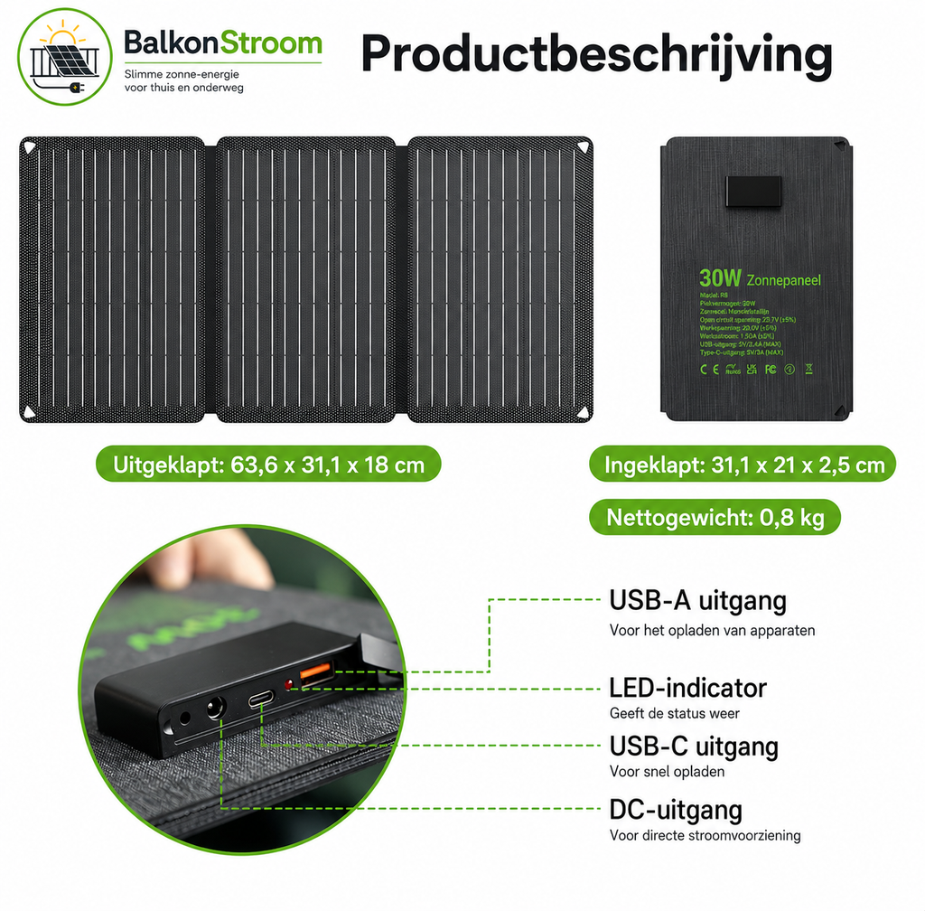 30W Opvouwbaar Zonnepaneel | USB-C & USB | BalkonStroom
